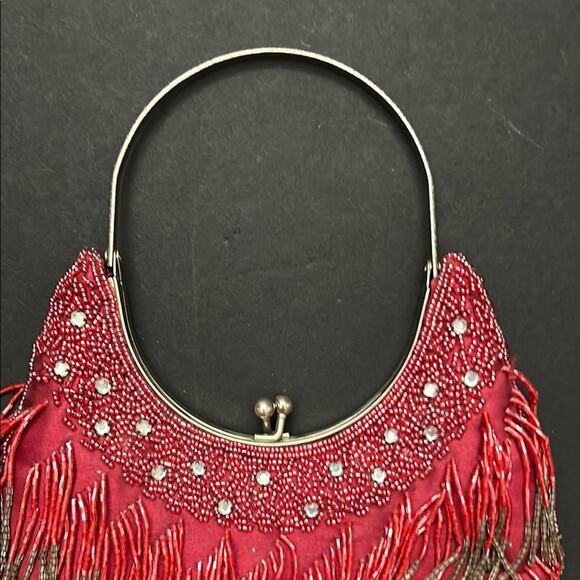 Red and Silver Fringe Handbag With Rhinestones, Metal Handle and Kiss Clasp - Picture 2 of 11